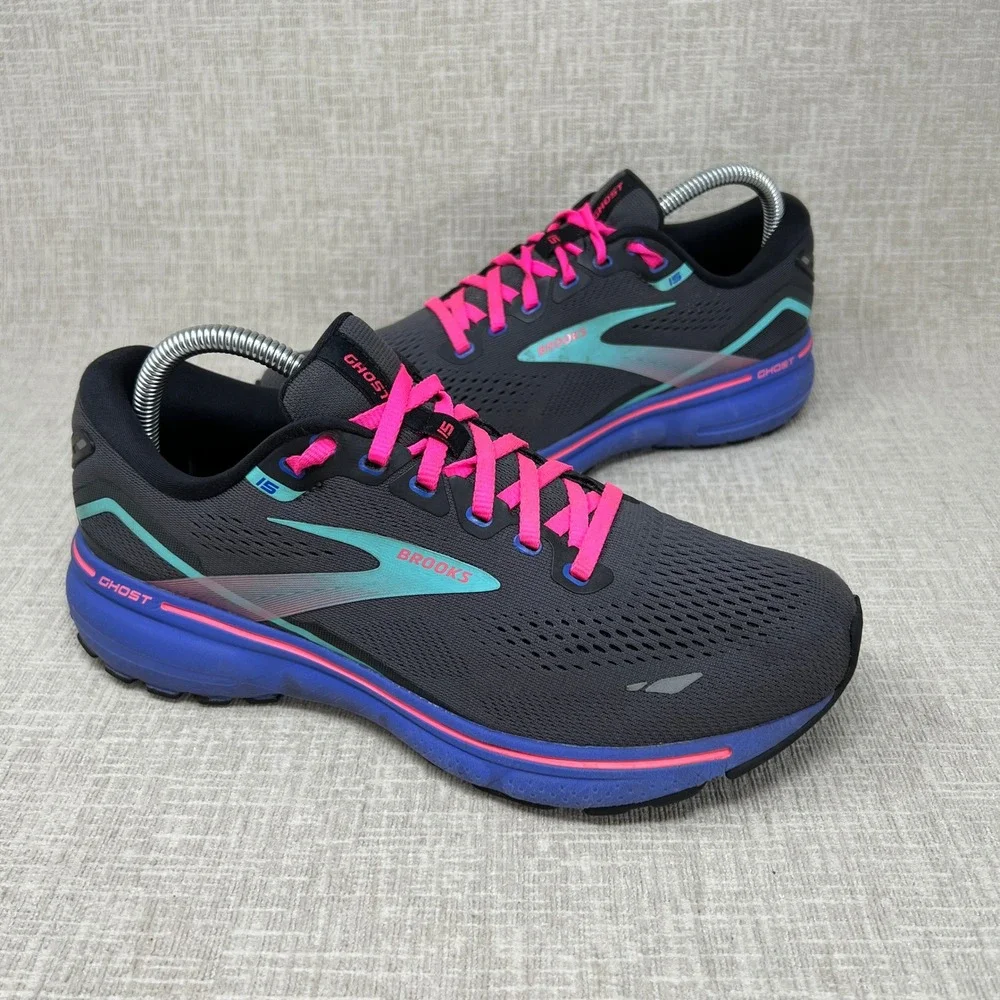 Brooks Ghost 15 Running Shoes Women 9.5 Black Blue Pink Athletic Sneakers Gym